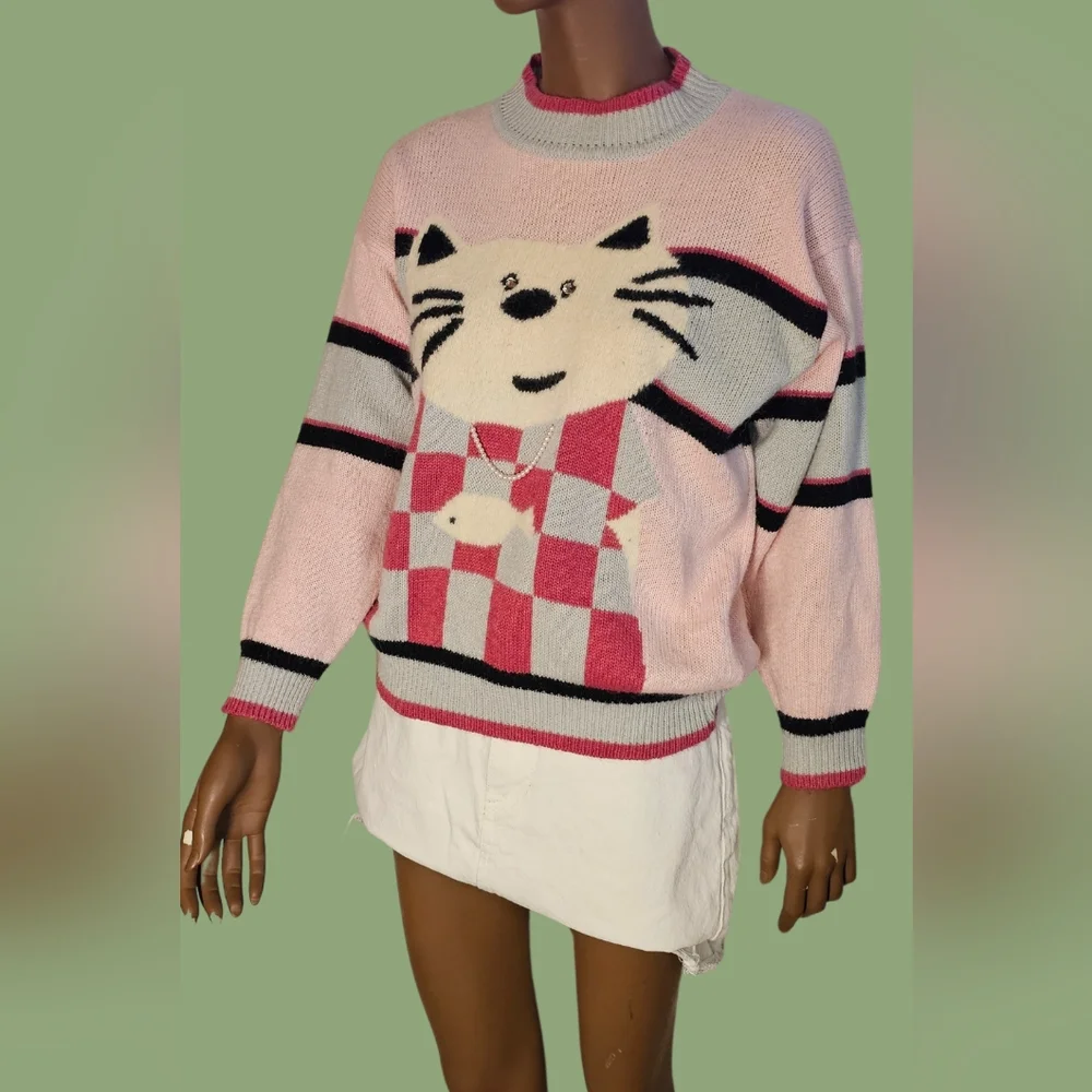 Vintage Pink Cat and fish Sweater size M with pearls details adorable and unique - Picture 6 of 8